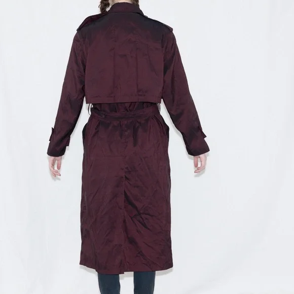 Vintage 90s burgundy trench coat button up with tie size Large/XL - Picture 3 of 4